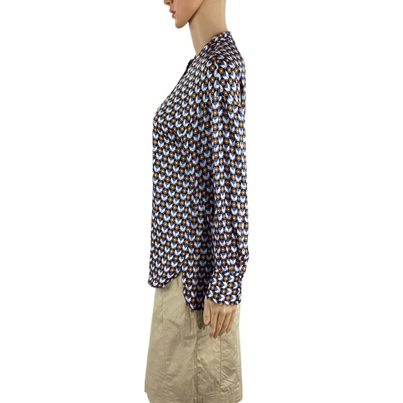 ZARA Geometric Print Button Down Blouse Blue Brown Small - Picture 4 of 7